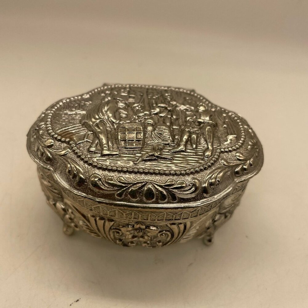 Vintage Silver Ornate Oval Casket Japanese Footed Jewelry Box Red Velvet Lined - Picture 2 of 6